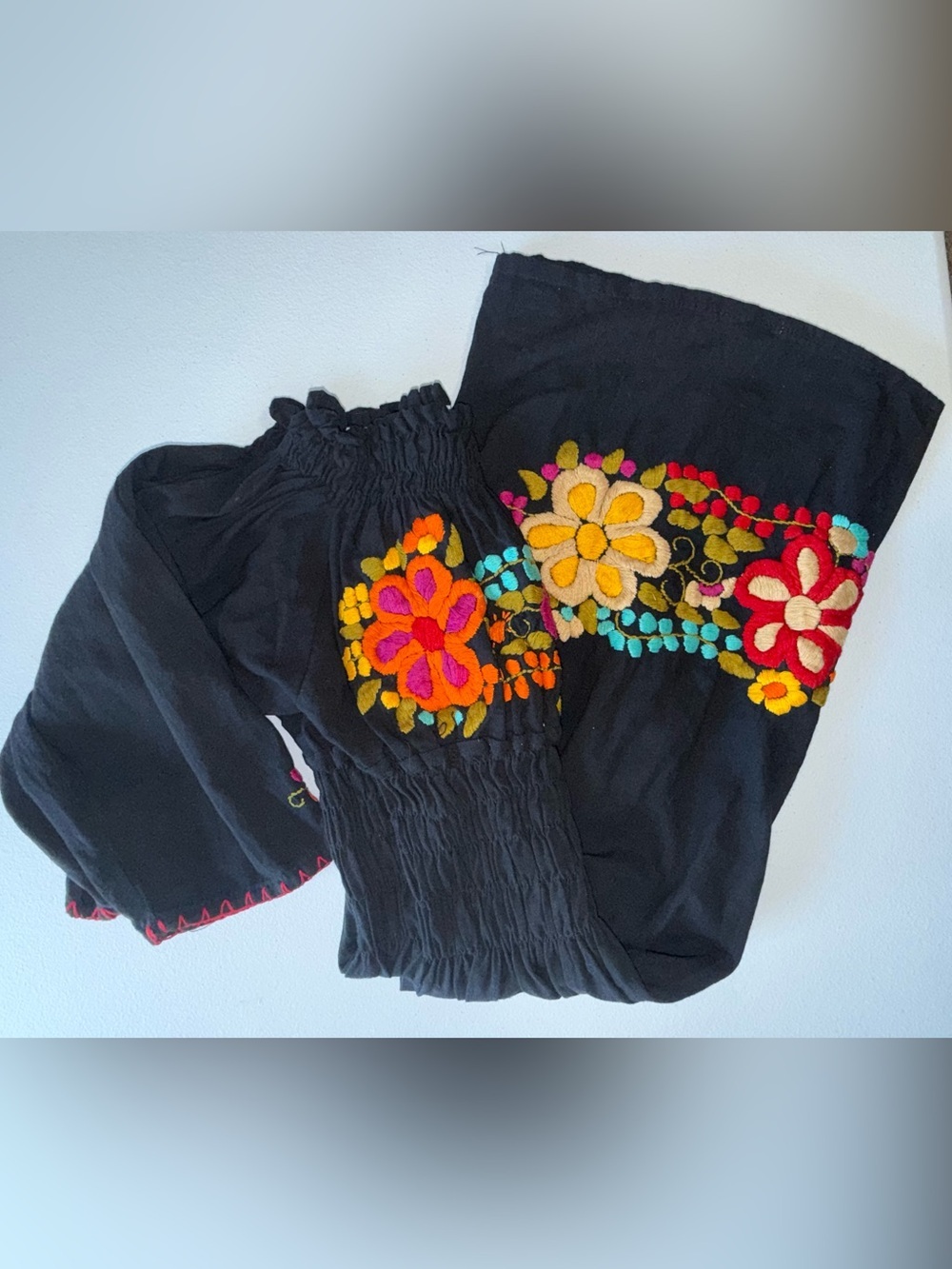 Handmade Embroidered Black Linen Cotton Dress Small Boho Floral - Picture 7 of 11